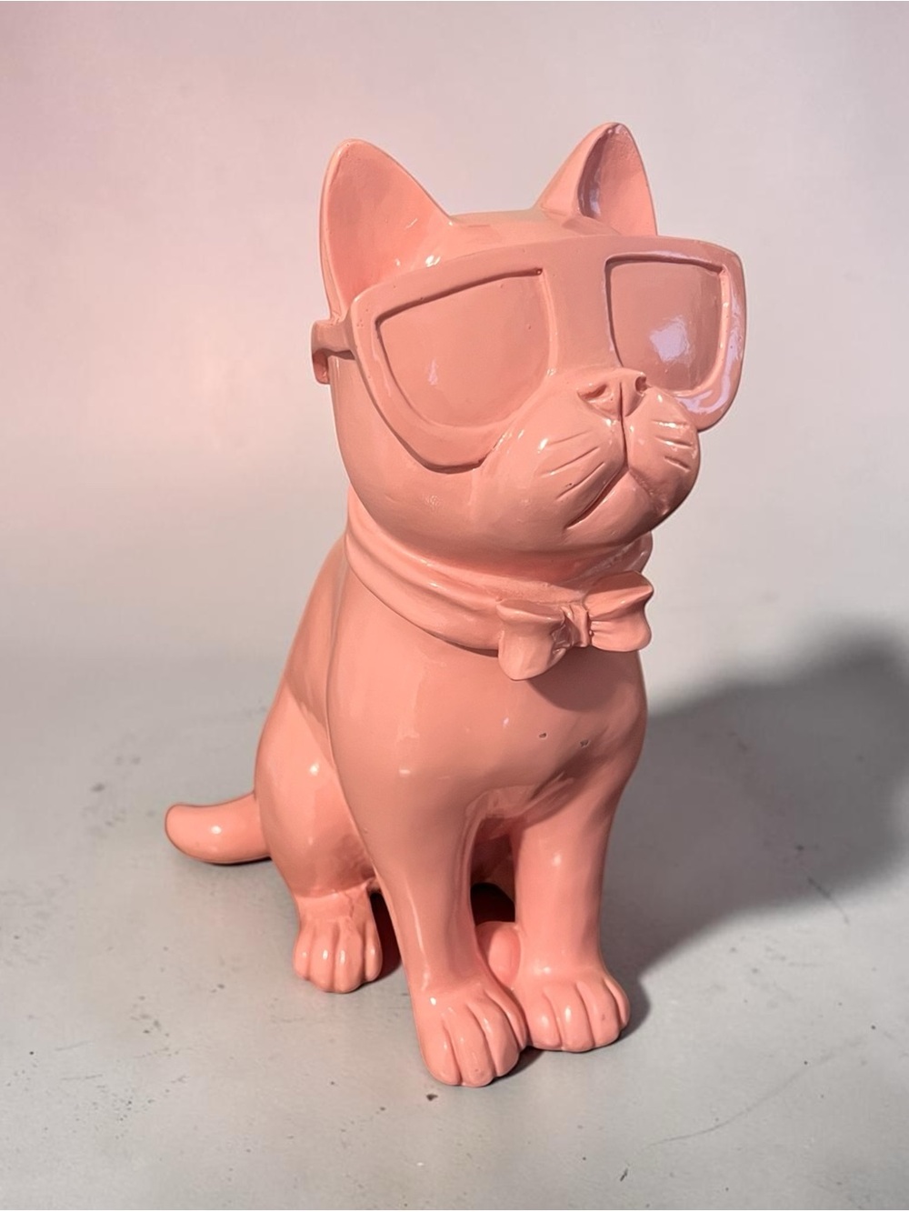 Pink Ceramic Cat Figurine with Bow and Sunglasses 9”